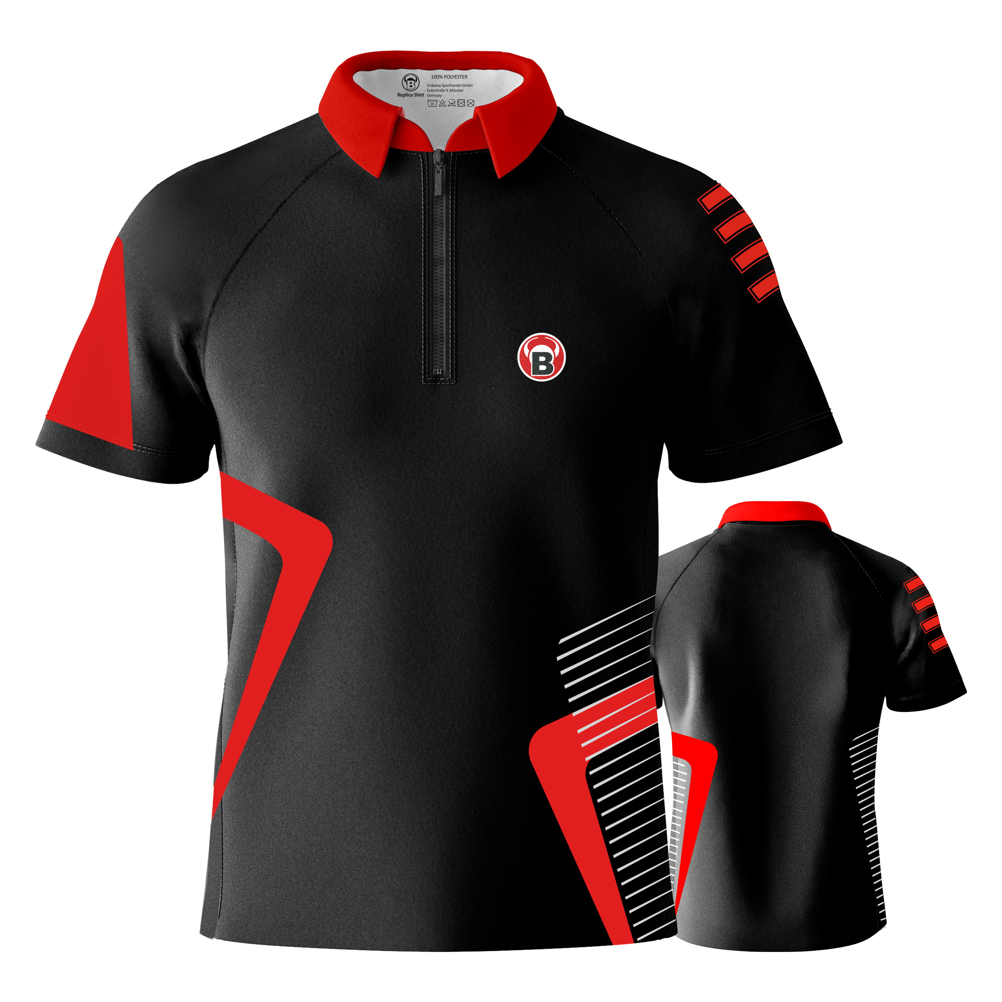 Das Bild zeigt ein schwarzes Dartshirt mit roten und weißen Akzenten. Das Shirt hat einen roten Kragen und das Bulls-Logo auf der Vorderseite.